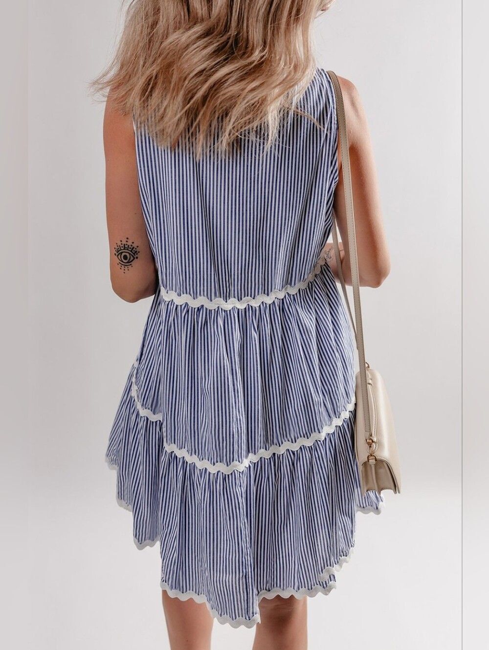 Fun Casual Summer Blue and White Stripe Sleeveless Tiered Country Dress - Picture 2 of 15